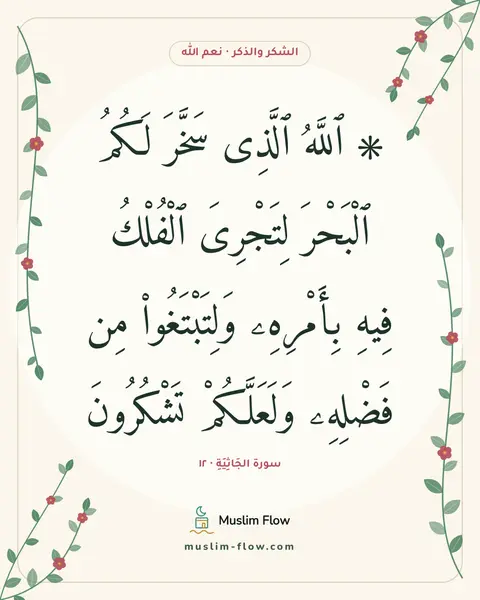سورة الجَاثِيَةِ · ١٢: ۞ ٱللَّهُ ٱلَّذِى سَخَّرَ لَكُمُ ٱلْبَحْرَ لِتَجْرِىَ ٱلْفُلْكُ فِيهِ بِأَمْرِهِۦ…