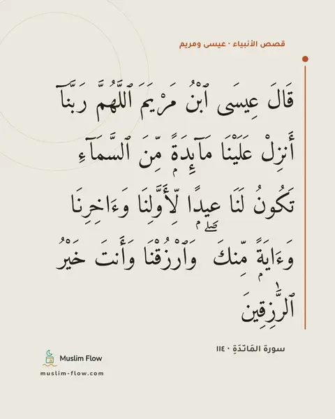 سورة المَائـِدَةِ · ١١٤: قَالَ عِيسَى ٱبْنُ مَرْيَمَ ٱللَّهُمَّ رَبَّنَآ أَنزِلْ عَلَيْنَا مَآئِدَةًۭ مِّنَ…