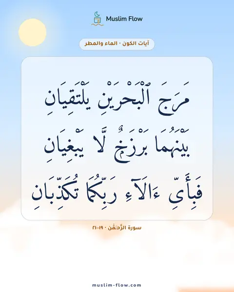 سورة الرَّحۡمَٰن · ١٩–٢١: مَرَجَ ٱلْبَحْرَيْنِ يَلْتَقِيَانِ بَيْنَهُمَا بَرْزَخٌۭ لَّا يَبْغِيَانِ فَبِأَىِّ…