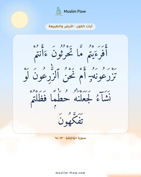 سورة الوَاقِعَةِ · ٦٣–٦٥: أَفَرَءَيْتُم مَّا تَحْرُثُونَ ءَأَنتُمْ تَزْرَعُونَهُۥٓ أَمْ نَحْنُ ٱلزَّٰرِعُونَ لَوْ…