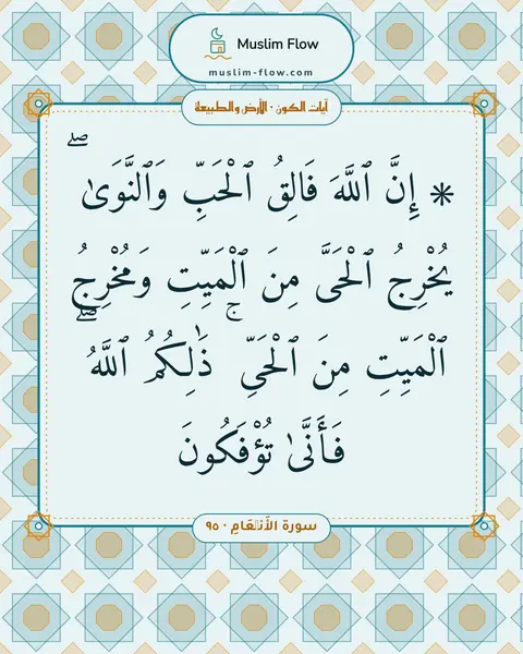 سورة الأَنۡعَامِ · ٩٥: ۞ إِنَّ ٱللَّهَ فَالِقُ ٱلْحَبِّ وَٱلنَّوَىٰ ۖ يُخْرِجُ ٱلْحَىَّ مِنَ ٱلْمَيِّتِ…