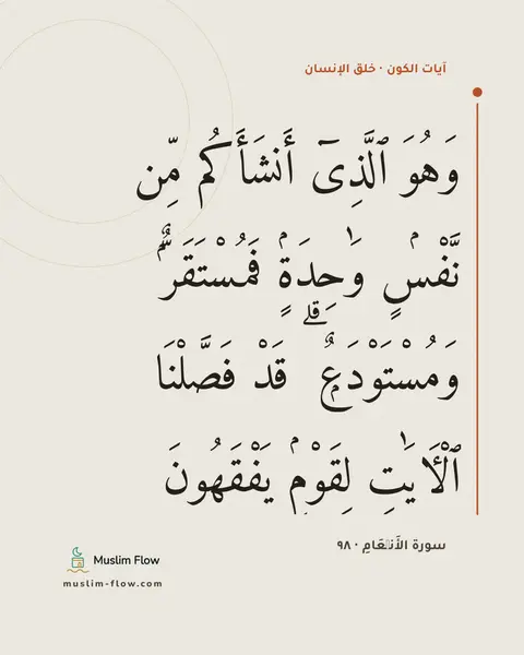 سورة الأَنۡعَامِ · ٩٨: وَهُوَ ٱلَّذِىٓ أَنشَأَكُم مِّن نَّفْسٍۢ وَٰحِدَةٍۢ فَمُسْتَقَرٌّۭ وَمُسْتَوْدَعٌۭ ۗ قَدْ…