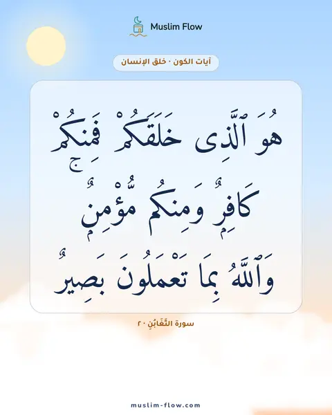 سورة التَّغَابُنِ · ٢: هُوَ ٱلَّذِى خَلَقَكُمْ فَمِنكُمْ كَافِرٌۭ وَمِنكُم مُّؤْمِنٌۭ ۚ وَٱللَّهُ بِمَا…