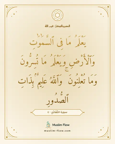 سورة التَّغَابُنِ · ٤: يَعْلَمُ مَا فِى ٱلسَّمَٰوَٰتِ وَٱلْأَرْضِ وَيَعْلَمُ مَا تُسِرُّونَ وَمَا تُعْلِنُونَ ۚ…