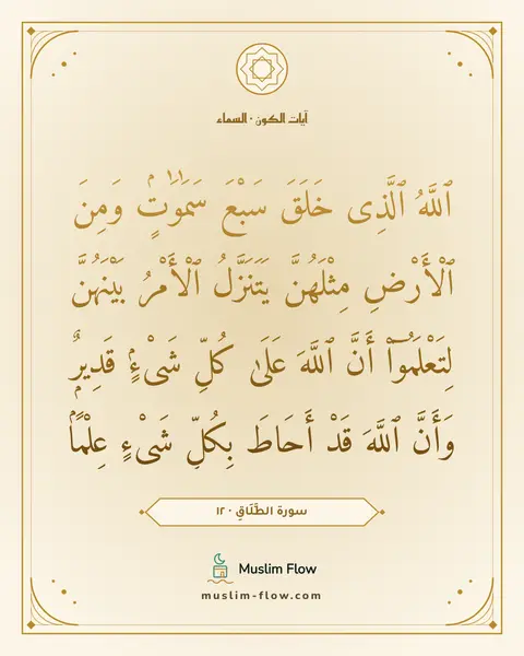سورة الطَّلَاقِ · ١٢: ٱللَّهُ ٱلَّذِى خَلَقَ سَبْعَ سَمَٰوَٰتٍۢ وَمِنَ ٱلْأَرْضِ مِثْلَهُنَّ يَتَنَزَّلُ…