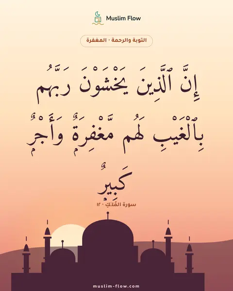 سورة المُلۡكِ · ١٢: إِنَّ ٱلَّذِينَ يَخْشَوْنَ رَبَّهُم بِٱلْغَيْبِ لَهُم مَّغْفِرَةٌۭ وَأَجْرٌۭ كَبِيرٌۭ