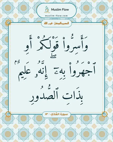 سورة المُلۡكِ · ١٣: وَأَسِرُّوا۟ قَوْلَكُمْ أَوِ ٱجْهَرُوا۟ بِهِۦٓ ۖ إِنَّهُۥ عَلِيمٌۢ بِذَاتِ ٱلصُّدُورِ