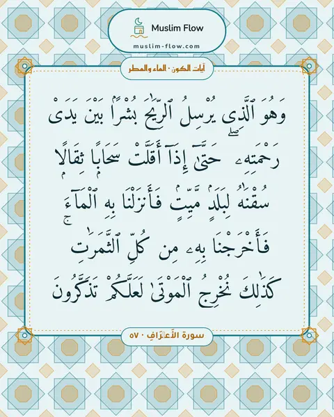 سورة الأَعۡرَافِ · ٥٧: وَهُوَ ٱلَّذِى يُرْسِلُ ٱلرِّيَٰحَ بُشْرًۢا بَيْنَ يَدَىْ رَحْمَتِهِۦ ۖ حَتَّىٰٓ إِذَآ…