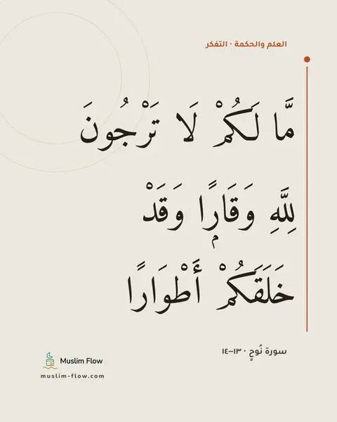 سورة نُوحٍ · ١٣–١٤: مَّا لَكُمْ لَا تَرْجُونَ لِلَّهِ وَقَارًۭا وَقَدْ خَلَقَكُمْ أَطْوَارًا