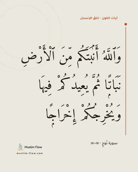 سورة نُوحٍ · ١٧–١٨: وَٱللَّهُ أَنۢبَتَكُم مِّنَ ٱلْأَرْضِ نَبَاتًۭا ثُمَّ يُعِيدُكُمْ فِيهَا وَيُخْرِجُكُمْ…