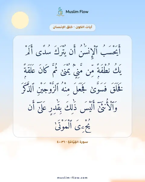 سورة القِيَامَةِ · ٣٦–٤٠: أَيَحْسَبُ ٱلْإِنسَٰنُ أَن يُتْرَكَ سُدًى أَلَمْ يَكُ نُطْفَةًۭ مِّن مَّنِىٍّۢ يُمْنَىٰ…