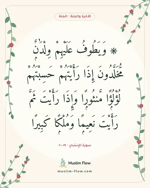 سورة الإِنسَانِ · ١٩–٢٠: ۞ وَيَطُوفُ عَلَيْهِمْ وِلْدَٰنٌۭ مُّخَلَّدُونَ إِذَا رَأَيْتَهُمْ حَسِبْتَهُمْ…