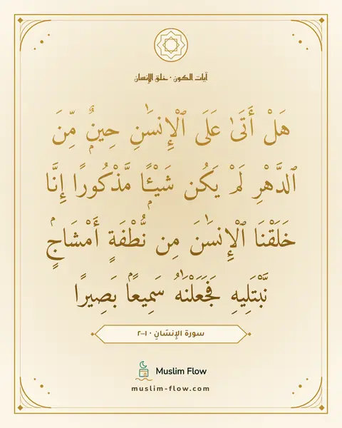 سورة الإِنسَانِ · ١–٢: هَلْ أَتَىٰ عَلَى ٱلْإِنسَٰنِ حِينٌۭ مِّنَ ٱلدَّهْرِ لَمْ يَكُن شَيْـًۭٔا مَّذْكُورًا…