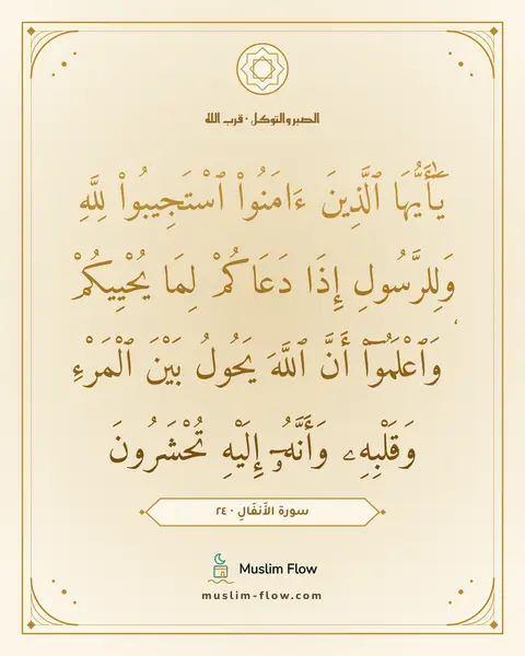 سورة الأَنفَالِ · ٢٤: يَٰٓأَيُّهَا ٱلَّذِينَ ءَامَنُوا۟ ٱسْتَجِيبُوا۟ لِلَّهِ وَلِلرَّسُولِ إِذَا دَعَاكُمْ…