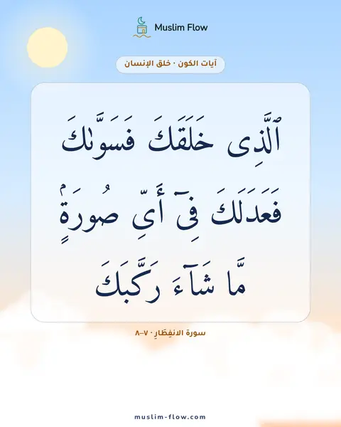 سورة الانفِطَارِ · ٧–٨: ٱلَّذِى خَلَقَكَ فَسَوَّىٰكَ فَعَدَلَكَ فِىٓ أَىِّ صُورَةٍۢ مَّا شَآءَ رَكَّبَكَ