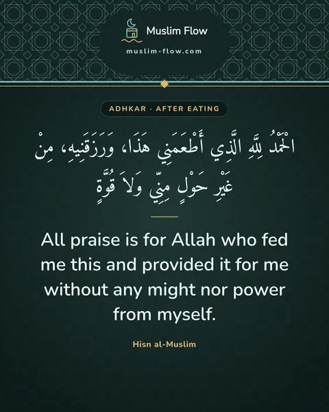 Invocations after eating: All praise is for Allah who fed me this and provided it for me without any might nor power from…