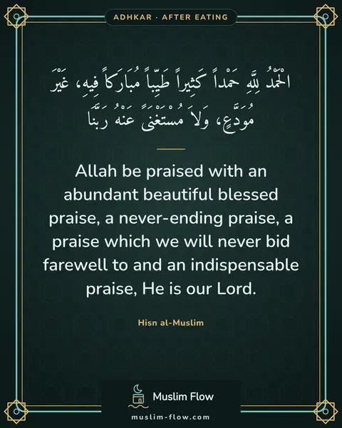 Invocations after eating: Allah be praised with an abundant beautiful blessed praise, a never-ending praise, a praise which…