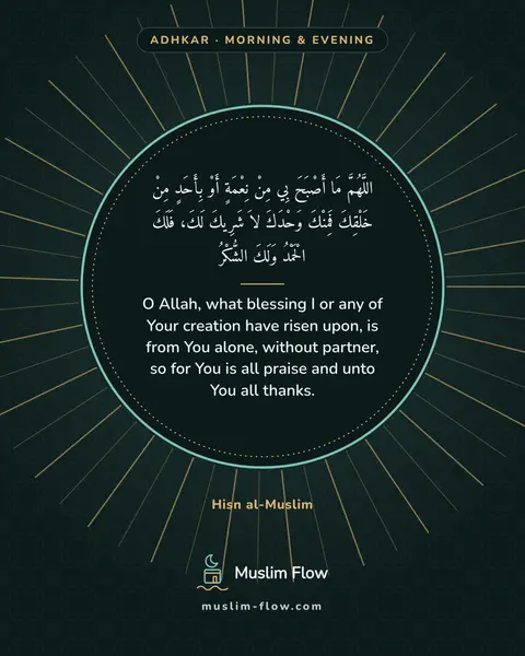 Words of remembrance for morning and evening: O Allah, what blessing I or any of Your creation have risen upon, is from You alone, without…