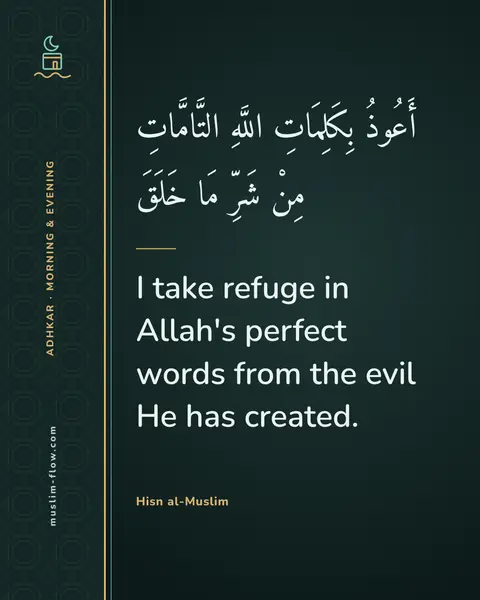 Words of remembrance for morning and evening: I take refuge in Allah's perfect words from the evil He has created.