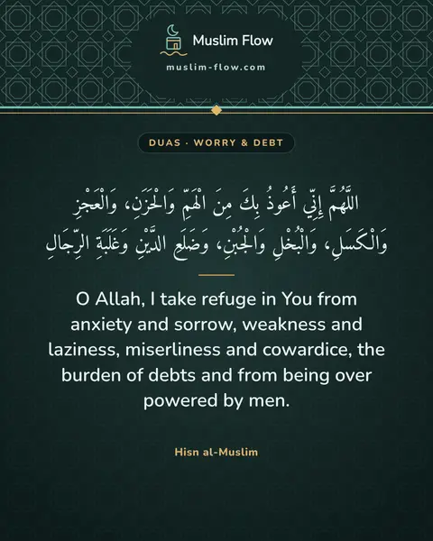 Invocations for the setting of a debt: O Allah, I take refuge in You from anxiety and sorrow, weakness and laziness, miserliness and…