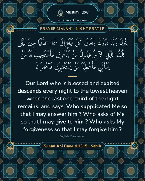 Sunan Abi Dawud 1315 · Sahih: Our Lord who is blessed and exalted descends every night to the lowest heaven when the last…