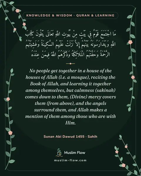 Sunan Abi Dawud 1455 · Sahih: No people get together in a house of the houses of Allah (i.e. a mosque), reciting the Book of…