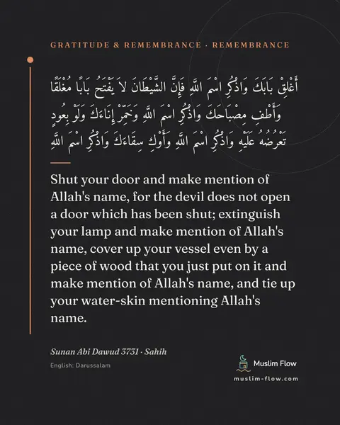 Sunan Abi Dawud 3731 · Sahih: Shut your door and make mention of Allah's name, for the devil does not open a door which has been…