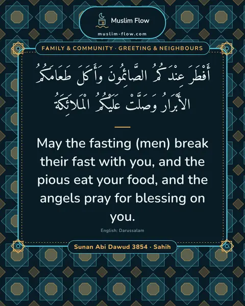 Sunan Abi Dawud 3854 · Sahih: May the fasting (men) break their fast with you, and the pious eat your food, and the angels pray…