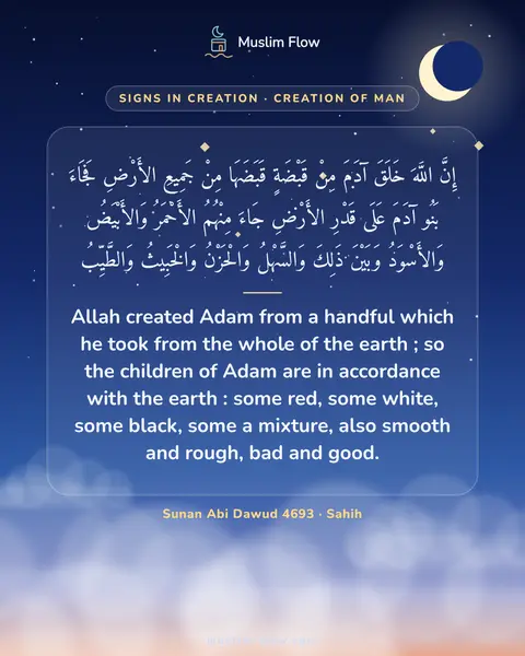 Sunan Abi Dawud 4693 · Sahih: Allah created Adam from a handful which he took from the whole of the earth ; so the children of…