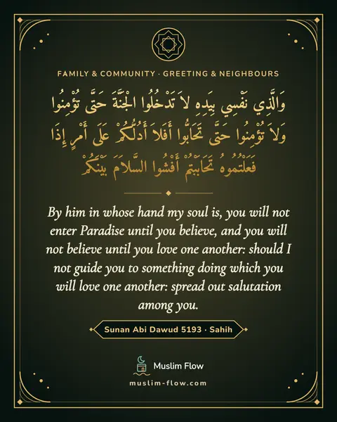 Sunan Abi Dawud 5193 · Sahih: By him in whose hand my soul is, you will not enter Paradise until you believe, and you will not…