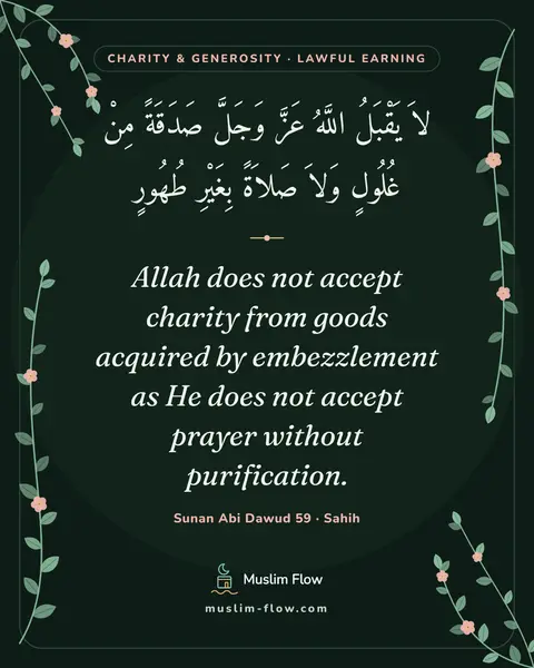 Sunan Abi Dawud 59 · Sahih: Allah does not accept charity from goods acquired by embezzlement as He does not accept prayer…