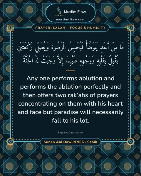 Sunan Abi Dawud 906 · Sahih: Any one performs ablution and performs the ablution perfectly and then offers two rak’ahs of…