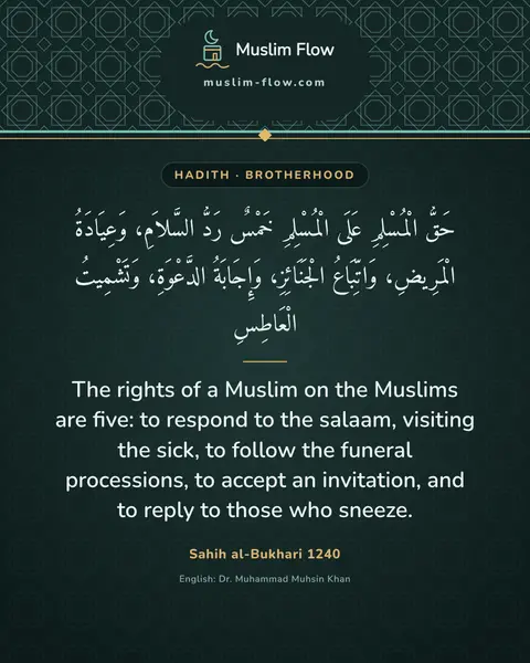 Sahih al-Bukhari 1240: The rights of a Muslim on the Muslims are five: to respond to the salaam, visiting the sick, to…