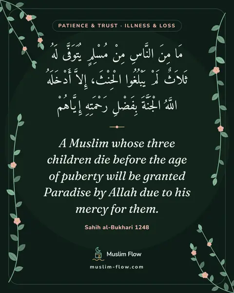 Sahih al-Bukhari 1248: A Muslim whose three children die before the age of puberty will be granted Paradise by Allah due…