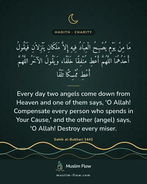 Sahih al-Bukhari 1442: Every day two angels come down from Heaven and one of them says, 'O Allah! Compensate every person…