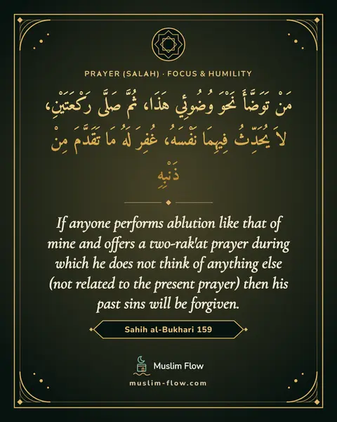 Sahih al-Bukhari 159: If anyone performs ablution like that of mine and offers a two-rak'at prayer during which he does…