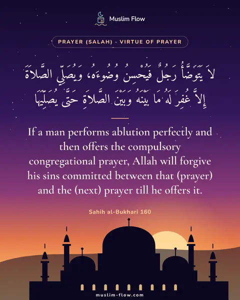 Sahih al-Bukhari 160: If a man performs ablution perfectly and then offers the compulsory congregational prayer, Allah…
