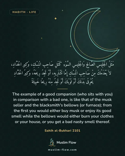 Sahih al-Bukhari 2101: The example of a good companion (who sits with you) in comparison with a bad one, is like that of…