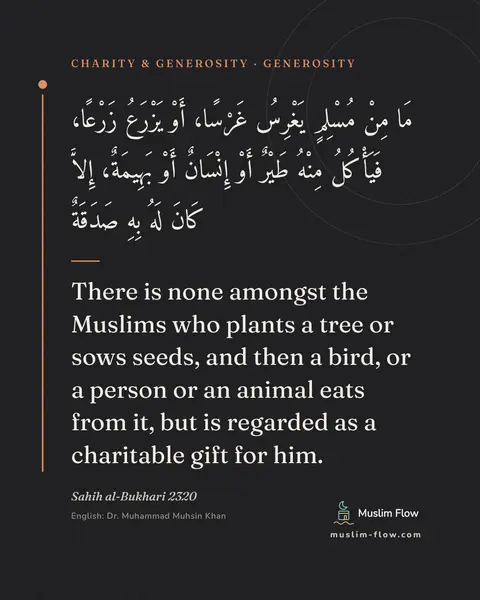 Sahih al-Bukhari 2320: There is none amongst the Muslims who plants a tree or sows seeds, and then a bird, or a person or…