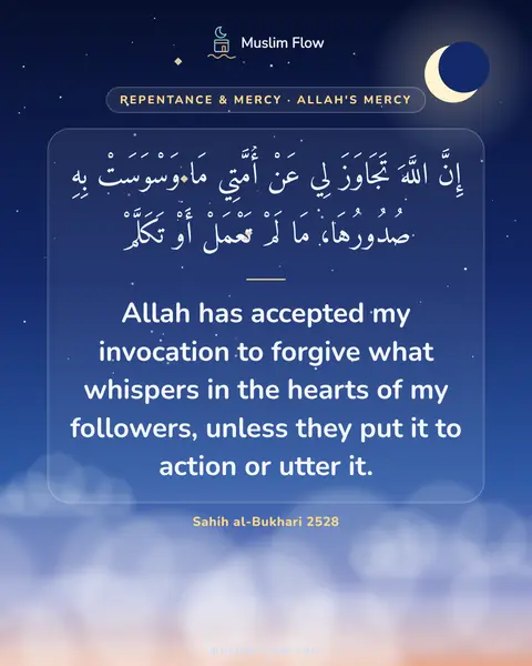 Sahih al-Bukhari 2528: Allah has accepted my invocation to forgive what whispers in the hearts of my followers, unless…
