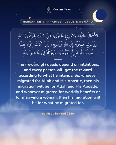 Sahih al-Bukhari 2529: The (reward of) deeds depend on intentions, and every person will get the reward according to what…