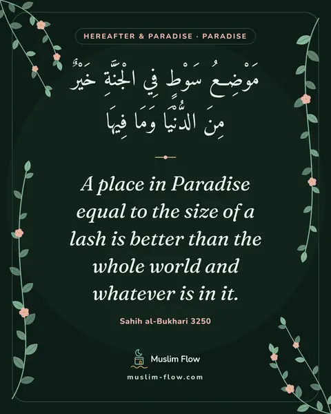 Sahih al-Bukhari 3250: A place in Paradise equal to the size of a lash is better than the whole world and whatever is in…