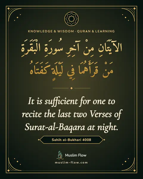 Sahih al-Bukhari 4008: It is sufficient for one to recite the last two Verses of Surat-al-Baqara at night.
