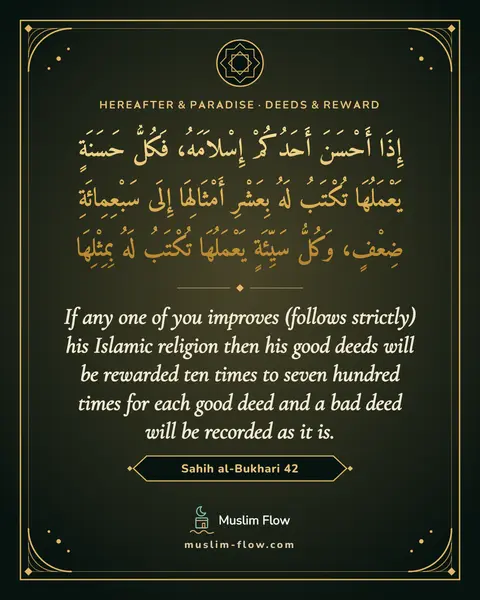 Sahih al-Bukhari 42: If any one of you improves (follows strictly) his Islamic religion then his good deeds will be…