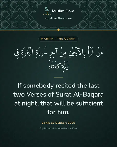 Sahih al-Bukhari 5009: If somebody recited the last two Verses of Surat Al-Baqara at night, that will be sufficient for…