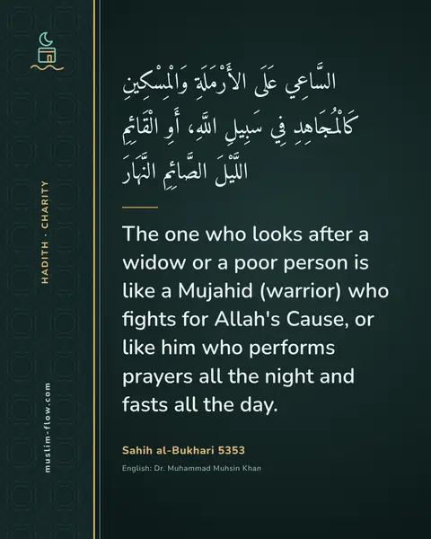 Sahih al-Bukhari 5353: The one who looks after a widow or a poor person is like a Mujahid (warrior) who fights for Allah's…
