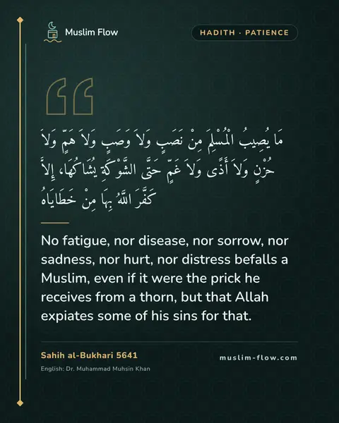 Sahih al-Bukhari 5641: No fatigue, nor disease, nor sorrow, nor sadness, nor hurt, nor distress befalls a Muslim, even if…