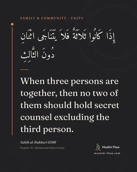 Sahih al-Bukhari 6288: When three persons are together, then no two of them should hold secret counsel excluding the third…
