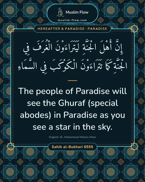 Sahih al-Bukhari 6555: The people of Paradise will see the Ghuraf (special abodes) in Paradise as you see a star in the…