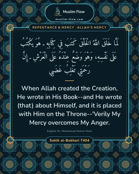 Sahih al-Bukhari 7404: When Allah created the Creation, He wrote in His Book--and He wrote (that) about Himself, and it is…